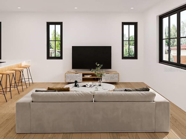 living room with a wealth of natural light and light hardwood / wood-style floors