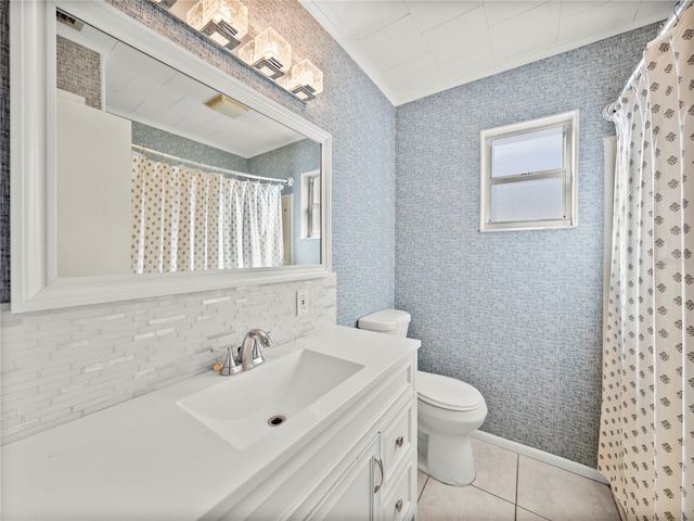 bathroom with tile patterned floors, vanity, toilet, and a shower with curtain