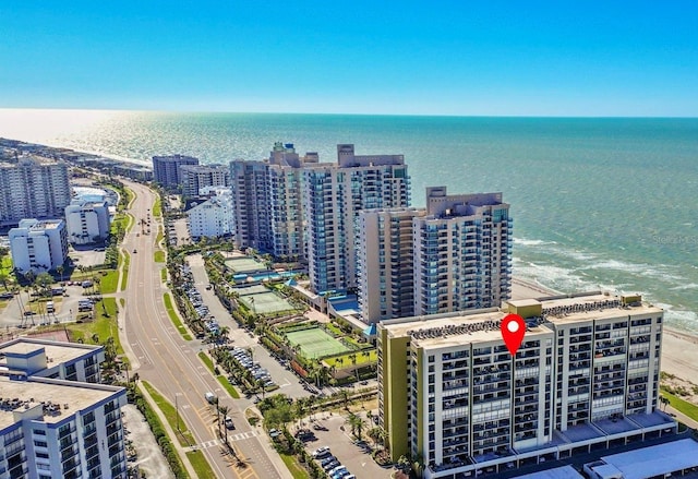 bird's eye view with a beach view and a water view