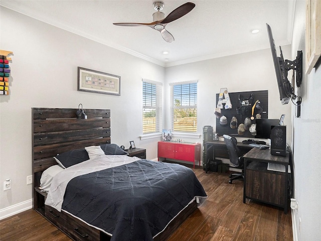 bedroom featuring ceiling fan, dark hardwood / wood-style flooring, and crown molding