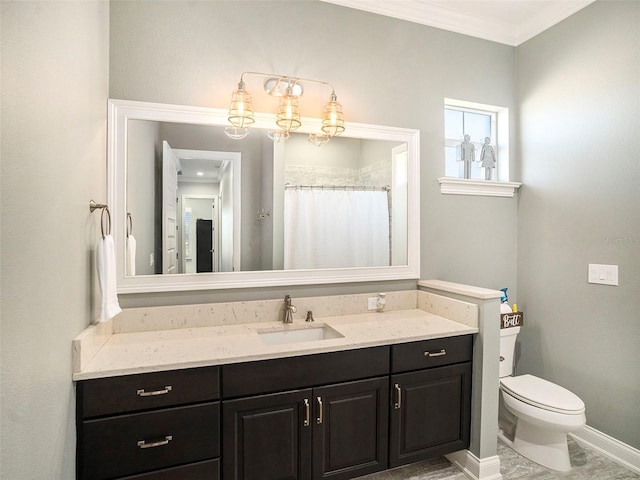 bathroom featuring walk in shower, toilet, vanity, and ornamental molding