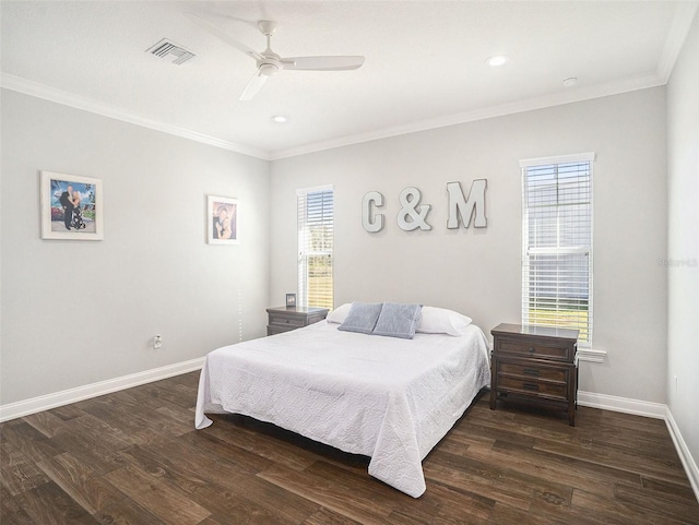 bedroom with dark hardwood / wood-style flooring, multiple windows, and ceiling fan