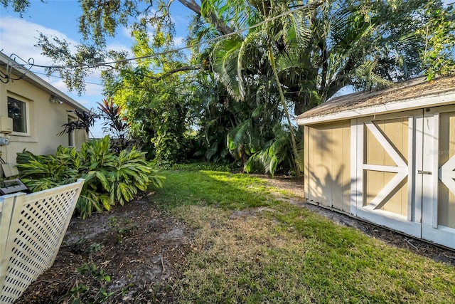 view of yard with a storage shed