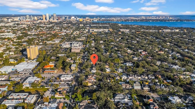 drone / aerial view featuring a water view