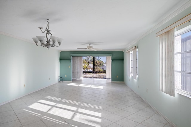 4859 Independence Dr, Bradenton, FL 34210 - empty room with light tile patterned floors, a chandelier, crown molding, a ceiling fan, and baseboards