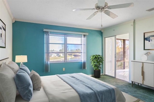 4859 Independence Dr, Bradenton, FL 34210 - bedroom featuring ornamental molding, carpet flooring, ceiling fan, and access to outside