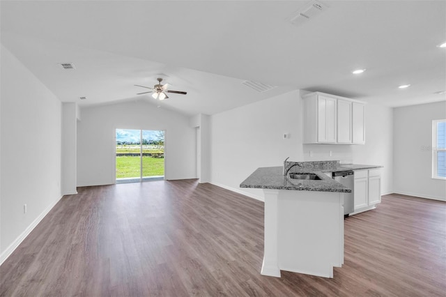 kitchen with white cabinets, light hardwood / wood-style flooring, stainless steel dishwasher, and dark stone countertops