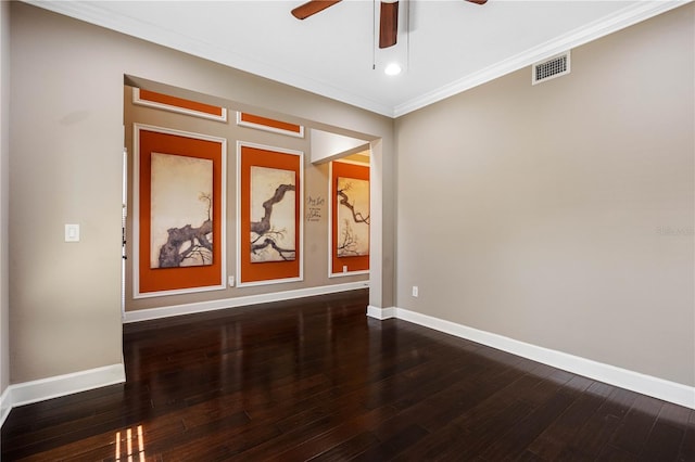 empty room with dark hardwood / wood-style floors, ceiling fan, and crown molding