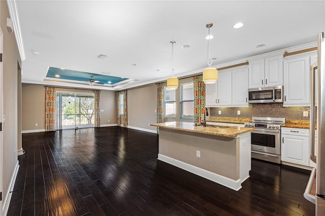 kitchen featuring pendant lighting, sink, dark hardwood / wood-style floors, ceiling fan, and appliances with stainless steel finishes