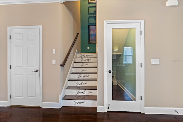 stairway with hardwood / wood-style flooring