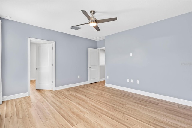 unfurnished bedroom with ceiling fan and light hardwood / wood-style floors