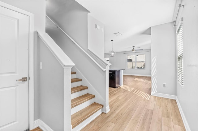 staircase featuring hardwood / wood-style floors and ceiling fan