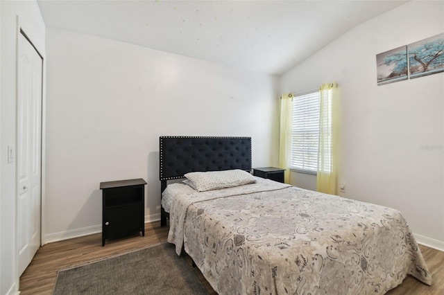 bedroom with vaulted ceiling, a closet, and dark wood-type flooring