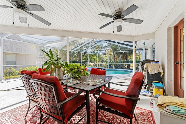 sunroom with wood ceiling