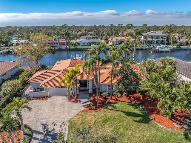 drone / aerial view featuring a water view