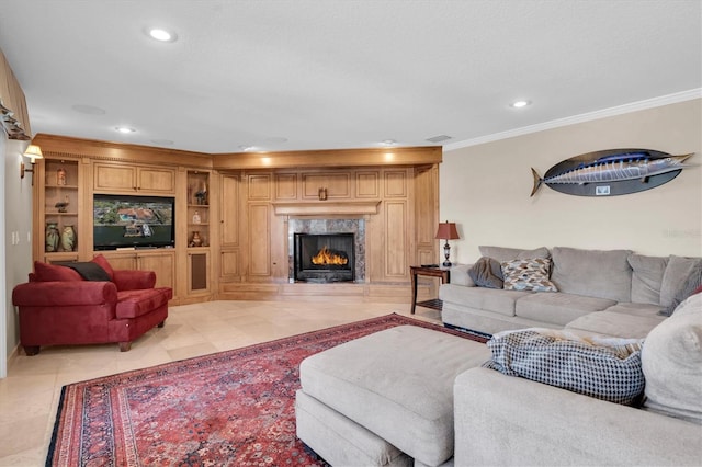 tiled living room featuring a fireplace and ornamental molding