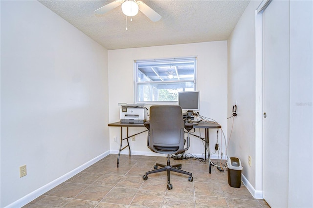 home office with ceiling fan and a textured ceiling