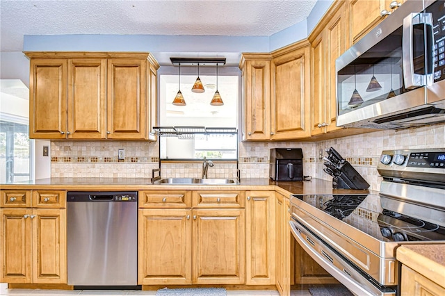 kitchen featuring a textured ceiling, a healthy amount of sunlight, sink, and stainless steel appliances