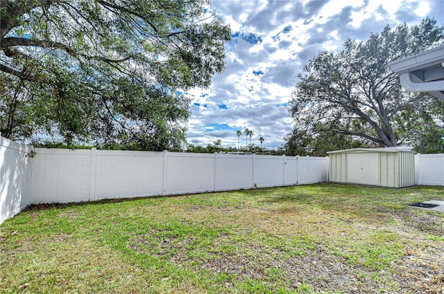 view of yard featuring a storage shed