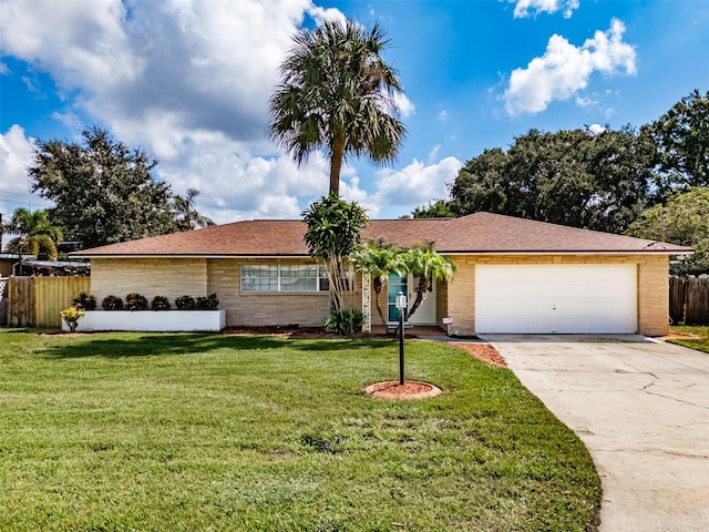 ranch-style house with a front yard and a garage