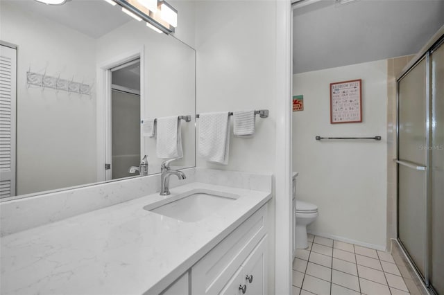 bathroom featuring tile patterned flooring, vanity, toilet, and an enclosed shower