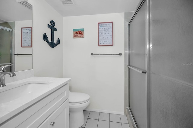 bathroom featuring toilet, tile patterned flooring, an enclosed shower, and visible vents