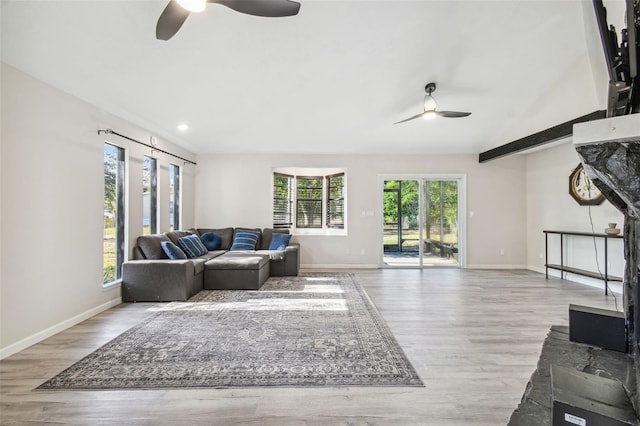 living room with ceiling fan and light hardwood / wood-style floors