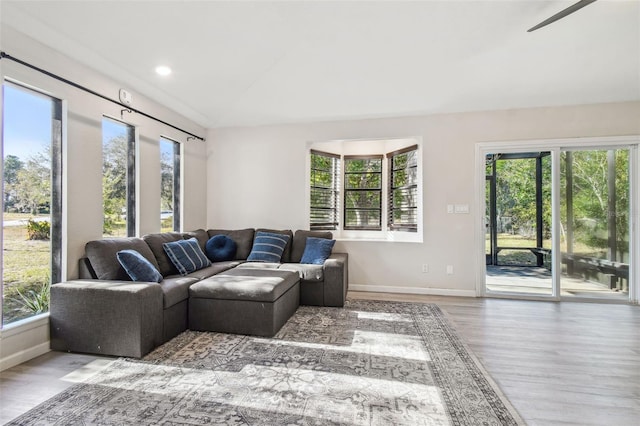 living room with hardwood / wood-style flooring, ceiling fan, and a healthy amount of sunlight