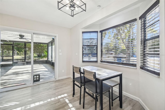 dining room with wood-type flooring, ceiling fan, and a healthy amount of sunlight