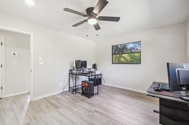 office featuring ceiling fan and light hardwood / wood-style floors