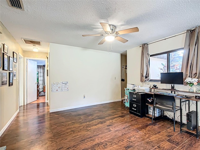 office area featuring dark hardwood / wood-style floors, ceiling fan, and a textured ceiling