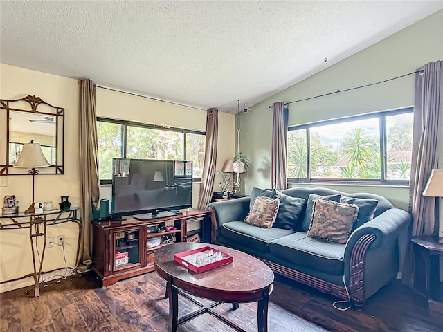 living room featuring hardwood / wood-style floors, a textured ceiling, a wealth of natural light, and lofted ceiling