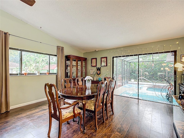 dining room featuring lofted ceiling, a textured ceiling, and dark wood-type flooring