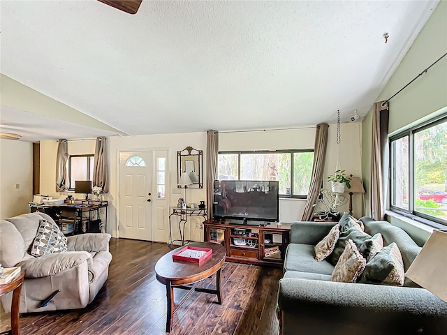 living room featuring dark hardwood / wood-style floors, plenty of natural light, a textured ceiling, and vaulted ceiling