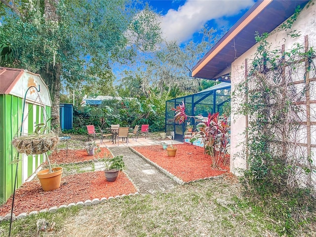 view of yard featuring a patio, glass enclosure, and a shed