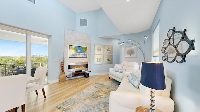 10101 Eagle Preserve Dr, Englewood, FL 34224 - living area featuring wood finished floors, high vaulted ceiling, and a glass covered fireplace