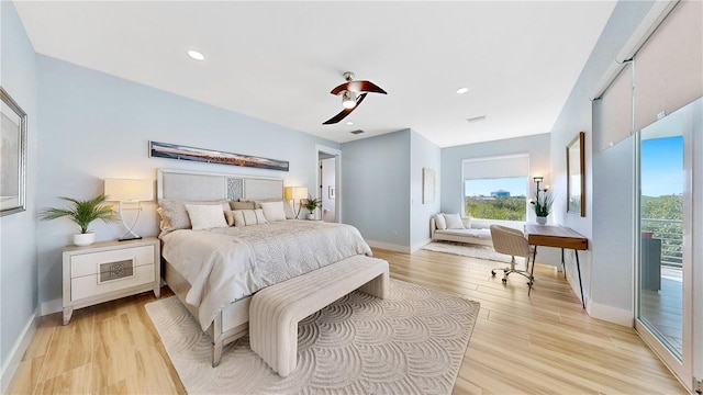 bedroom featuring recessed lighting, visible vents, light wood-style floors, a ceiling fan, and baseboards