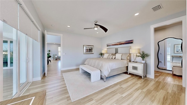 bedroom featuring recessed lighting, visible vents, a ceiling fan, light wood-type flooring, and baseboards