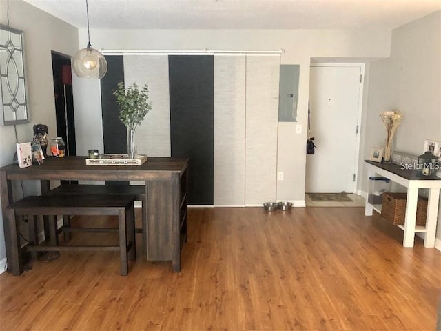 dining room featuring electric panel and hardwood / wood-style flooring