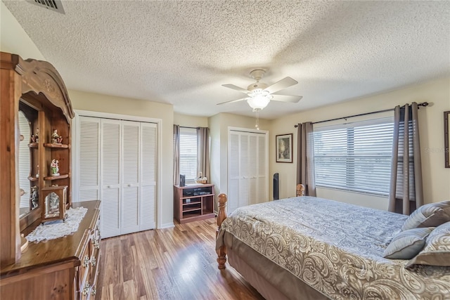 bedroom with hardwood / wood-style floors, ceiling fan, two closets, and multiple windows