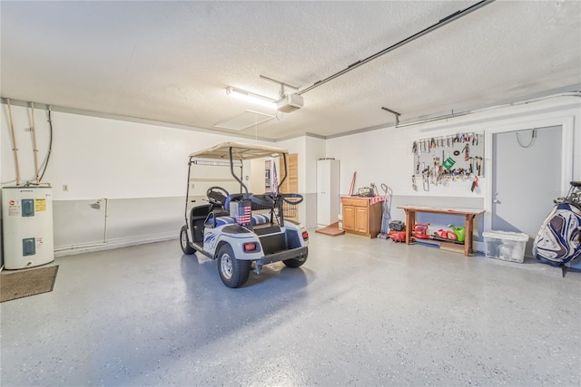 garage with a garage door opener and water heater