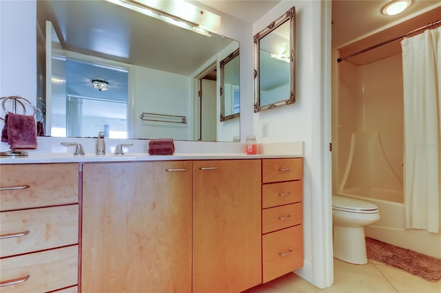 full bathroom with tile patterned floors, vanity, toilet, and shower / tub combo with curtain