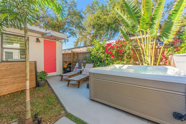 view of patio featuring a hot tub