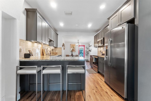 727 53rd Ter N, Saint Petersburg, FL 33703 - kitchen featuring light wood finished floors, a peninsula, a sink, decorative backsplash, and stainless steel appliances