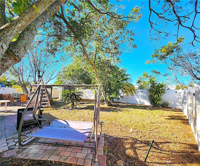 view of yard featuring a patio area and a storage shed