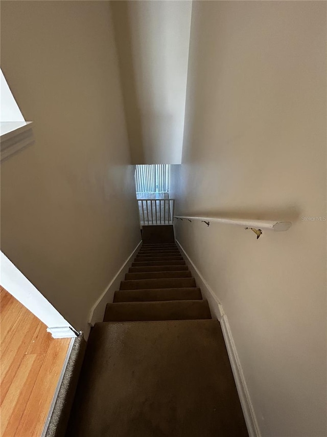 stairway with hardwood / wood-style flooring