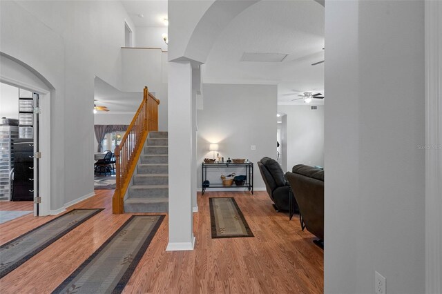 exercise room with hardwood / wood-style floors and ceiling fan