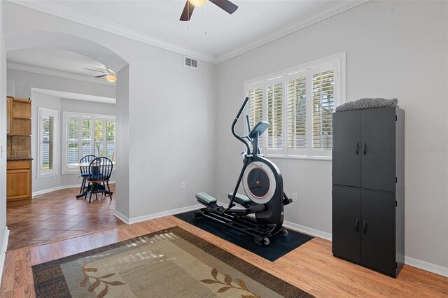 exercise room with hardwood / wood-style floors, ornamental molding, and a healthy amount of sunlight