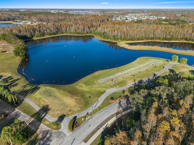 birds eye view of property featuring a water view