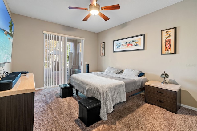 bedroom featuring carpet flooring, ceiling fan, and access to exterior